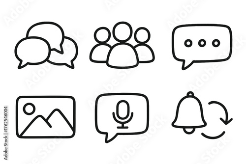 Group Chats set of icons in doodle hand-drawn vector style: chat bubbles cluster, user avatars, typing dots, group message icon, shared photo, voice chat icon, notification bell,