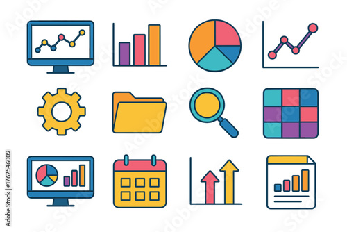 Visual Dashboards flat icons: computer screen, bar graph, pie chart, line chart, gear, folder, magnifying glass, data grid, monitor, calendar, chart arrows, report.