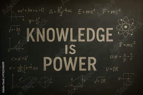 Knowledge is Power: The motivational phrase Knowledge Is Power is inscribed upon a vintage chalkboard, surrounded by various mathematical and scientific formulas.
