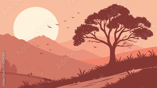 Serene Sunset over Mountainous Landscape Vector