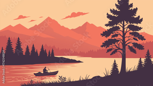Paddler on a Serene Mountain Lake at Sunset