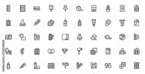 Art and Craft supplies icon set. Vector illustration Includes symbols for pencl, paint brush, glue, crayns, scissors, fabric, buttns and more. Editable stroe.