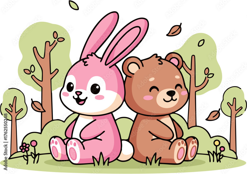 Fototapeta premium Cute Pink Bunny and Brown Bear Friends Vector Illustration