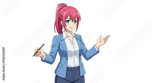 A woman presenting something with a pen.