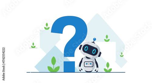Curious robot and large question mark in stylized geometric design with plants, illustration for science and technology concepts