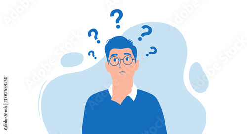 A person with a questioning expression, surrounded by question marks, illustrating confusion and uncertainty in a modern style