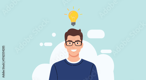 Man with a glowing lightbulb above his head representing a brilliant idea, innovation, or inspiration