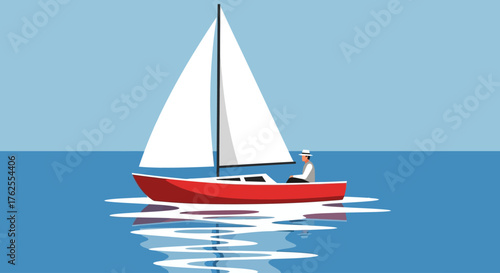 Red sailboat with white sail glides across calm blue water, reflecting perfectly on the surface