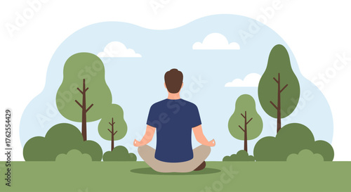 Man in lotus position meditating peacefully in a lush green park surrounded by trees and soft clouds