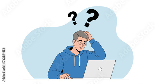 Person confused with question marks above their head while looking at a laptop, symbolizing uncertainty and problem-solving