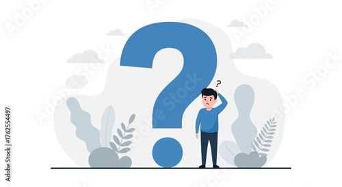 A perplexed person stands before a giant blue question mark, contemplating a difficult decision or unknown answer