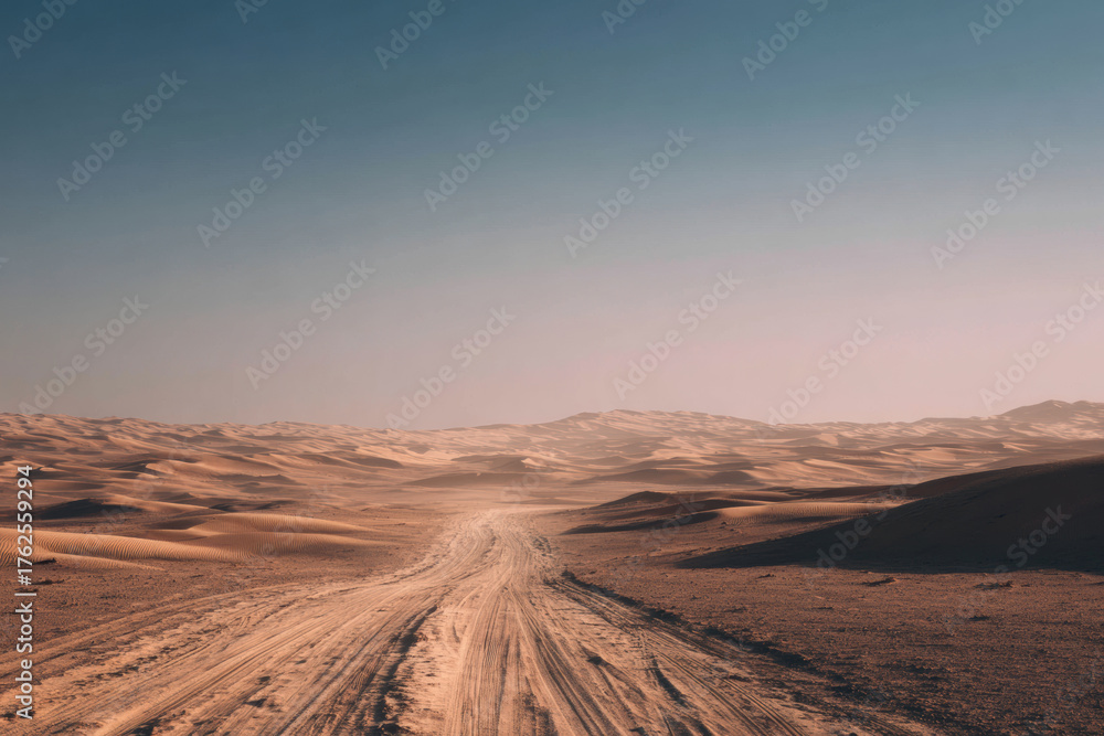 Fototapeta premium A winding dirt track cutting through golden sand dunes beneath a vast blue sky, evoking solitude and adventure — perfect for automotive or travel advertising backgrounds.