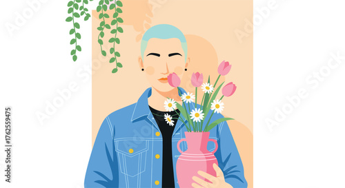 Person with blue hair holding a vase of flowers.