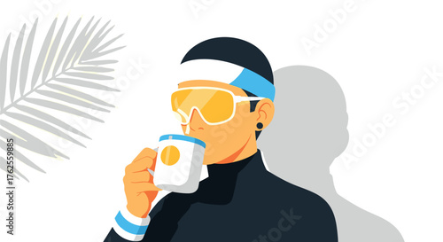 Person wearing sunglasses and headband drinks coffee.