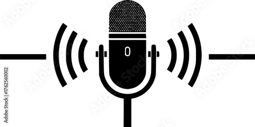 Simple black microphone icon with audio waves.
