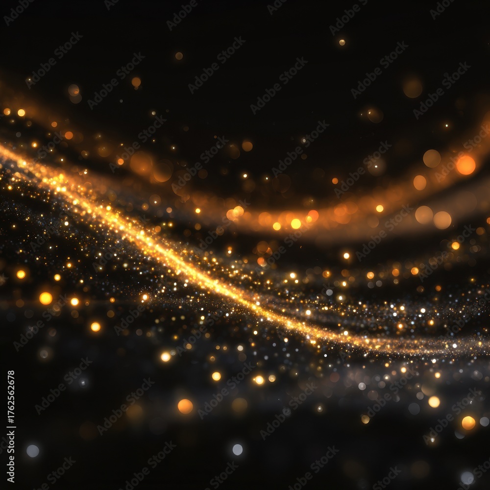 Fototapeta premium Abstract golden light trails and particles on dark background.