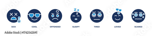 EmotiSet Icons set vector illustration blue with Sick, Cool, Offended, Sleepy, Tired, Loved, Scared