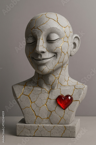 Cracked stone bust with red heart accent
