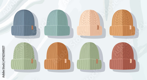 A diverse set of warm winter beanies. Flat design vector illustration collection of colorful knitted hats for cozy cold season apparel