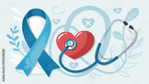 Diabetes awareness ribbon with stethoscope and heart for medical health and wellbeing campaign support