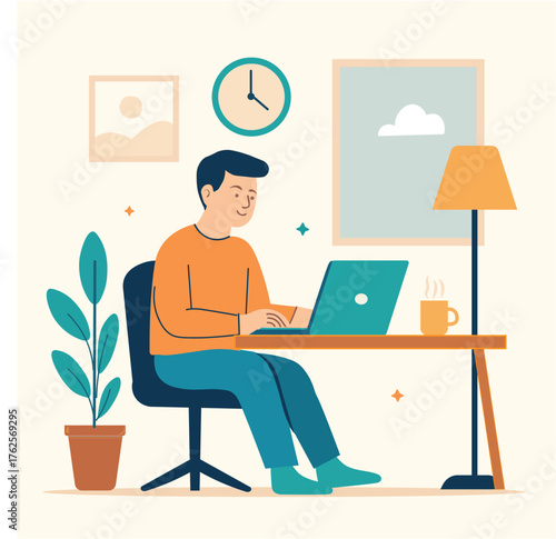 A young boy sitting on a wooden chair in front of a desk with an open laptop. He is studying attentively, with a calm and focused expression. The scene is in clean, colorful flat design style, featuri