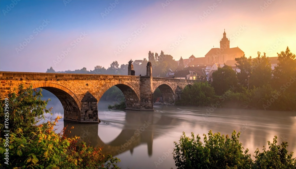 Obraz premium Ancient Stone Bridge Crossing a Calm River at Sunrise with a European Townscape and Golden Sunlight Illuminating the Buildings and Mist