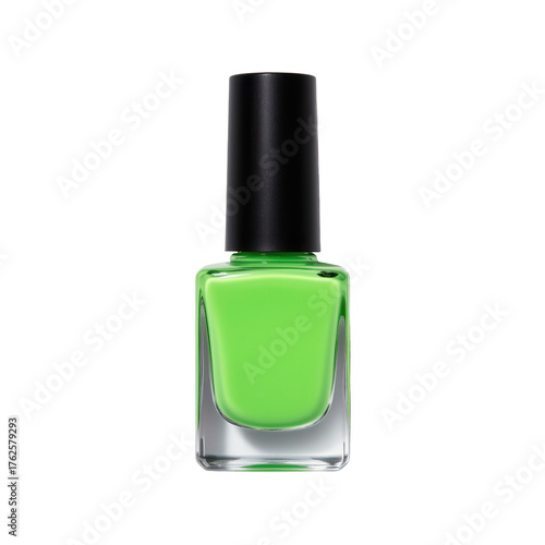 Bright Green Nail Polish Bottle with Black Cap Isolated on White Background