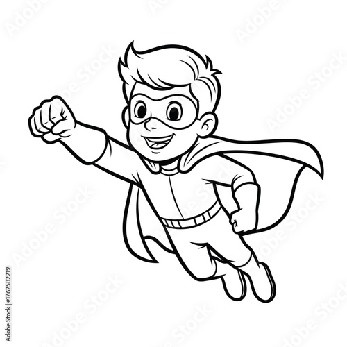 Cute cartoon superhero boy flying. Coloring book page, black and white vector