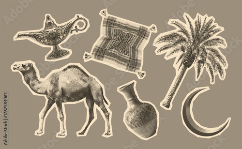vintage Arabic style collage with a camel, genie lamp, palm tree, vase, keffiyeh, collection of halftone elements