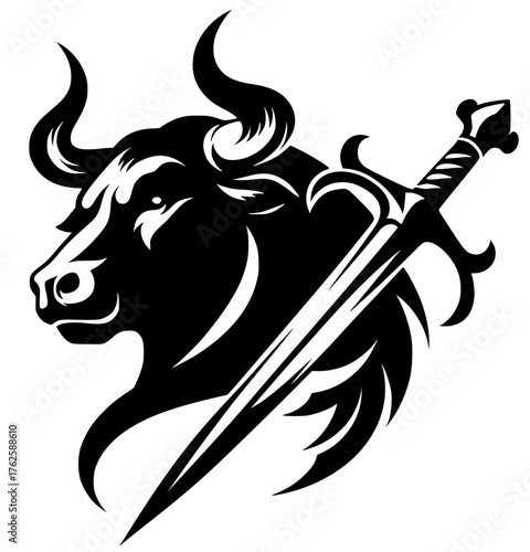 Portrait silhouette of sword and bull
