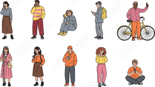 Diverse group of young people using smartphones and interacting outdoors.