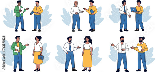 Diverse group of people in business casual attire engaged in conversation and work-related activities.