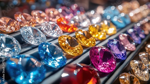 Rows of sparkling multi-colored faceted gemstones and diamonds displayed on a dark surface, highlighting their brilliance and diverse hues for jewelry and luxury themes.