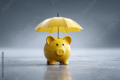 Yellow Piggy Bank Protected By A Yellow Umbrella In The Rain With Water Droplets On A Wet Ground Surface Studio Lighting