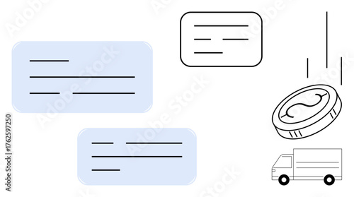 Coin falling near delivery truck with text boxes implying financial transactions, communication, logistics, and express services. Ideal for payment processing, e-commerce, shipping, management