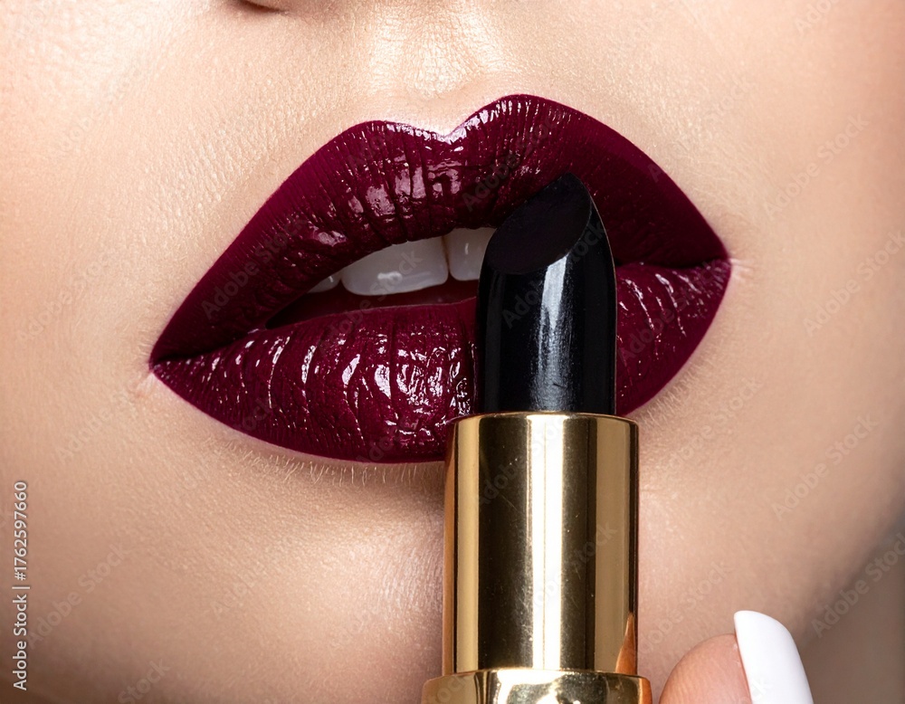 Obraz premium Close-up of glossy lips with ombre lipstick, blending burgundy and black. Gold tube, sharp tip, dramatic makeup style. Ideal for beauty, fashion, and cosmetic product themes.