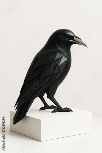 Geometric black raven sculpture on white pedestal