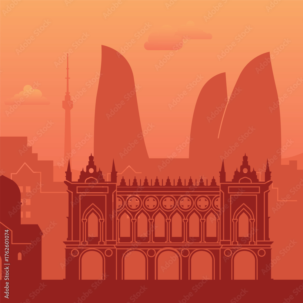 Obraz premium An Artistic Representation of a Cityscape at Sunset Featuring Iconic Architectural Landmarks