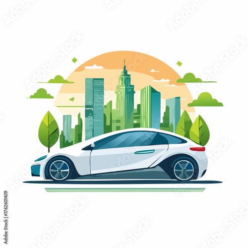 electric green car and the city environment