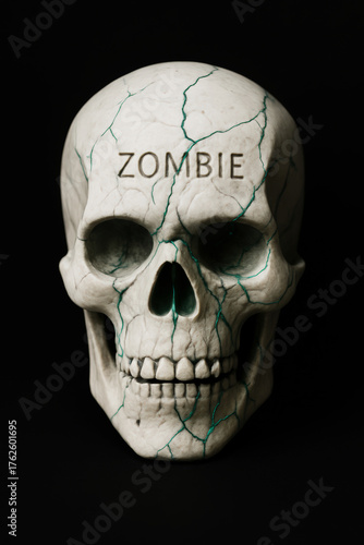 White skull with zombie text and green veins