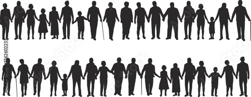 Diverse group silhouette, people holding hands, unity concept, community connection, intergenerational support, black figures, social bond, inclusive togetherness, teamwork