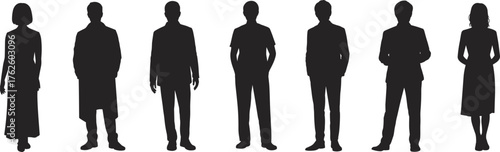 Silhouette people standing, diverse clothing styles, black figures, minimal design, formal and casual wear, identity, fashion, culture, unity, diversity