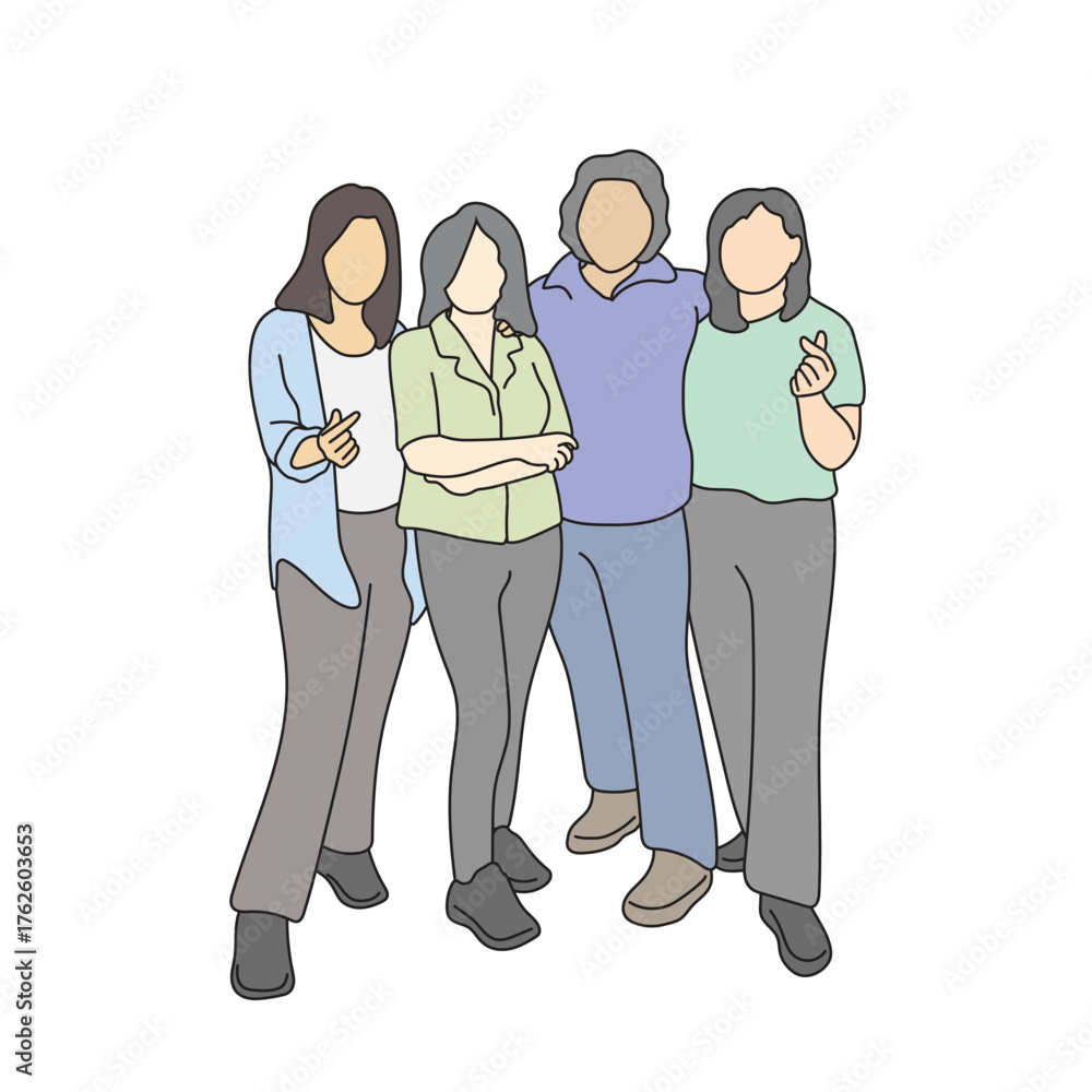 Obraz premium four women standing together illustration vector hand drawn with black lines