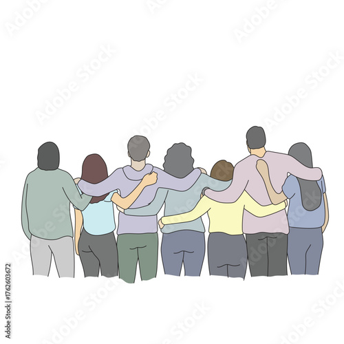 seven people huddle together in back view illustration vector hand drawn with black lines