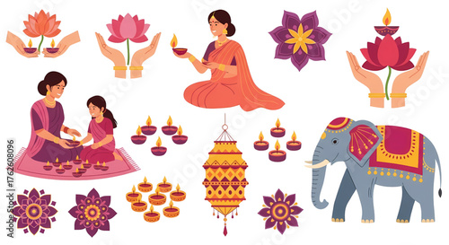 Celebrate vibrant Indian traditions with festive diyas, lotuses, and elephants for joyous occasions