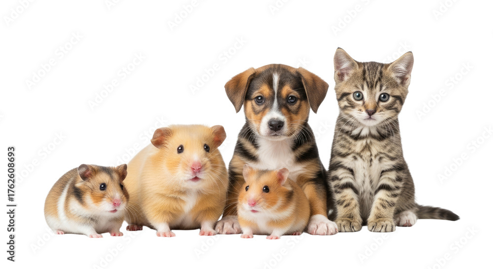 Fototapeta premium Cute hamster trio, puppy and tabby kitten sitting together isolated on white background, perfect for pet care and animal friendship themes