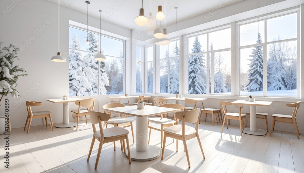 Fototapeta premium 雪の見えるホワイトカフェ｜冬のぬくもりを感じる癒し空間