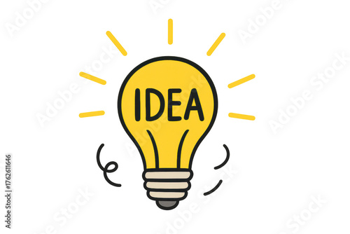 Light bulb drawing with idea text shining, symbolizing creative thinking, inspiration, and innovation on transparent background