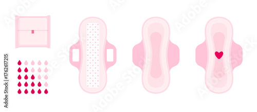Set of pink menstrual pads with wings, packaging and flow indicator. Feminine hygiene, period, health and self-care concept. Flat vector illustration isolated on white background