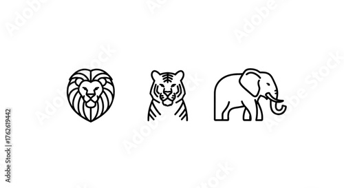 Minimalist line art icons of majestic lion, fierce tiger, and gentle elephant.